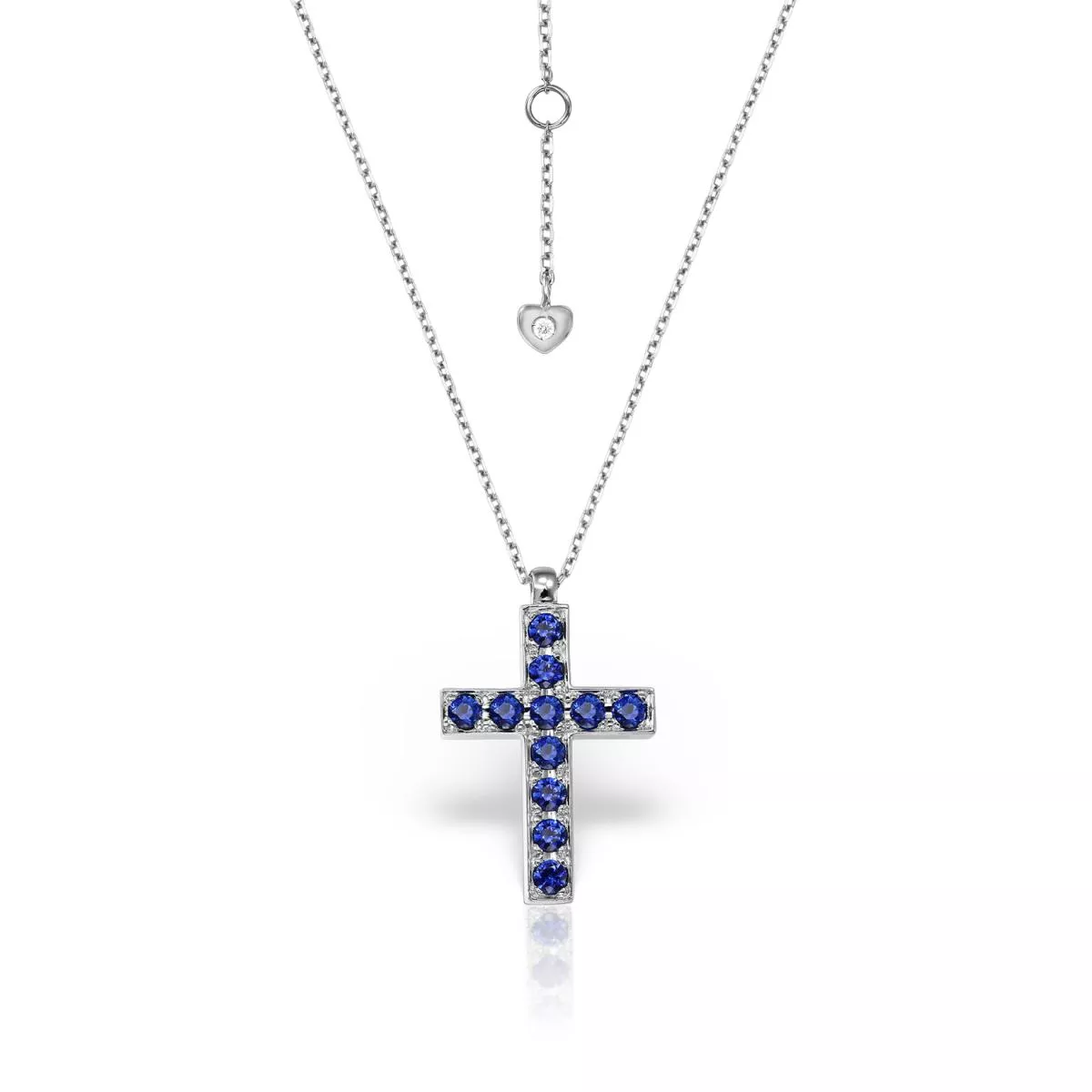 Lant cu pandantiv Cruce Evangeline cu safire si diamant, din aur alb de 18K