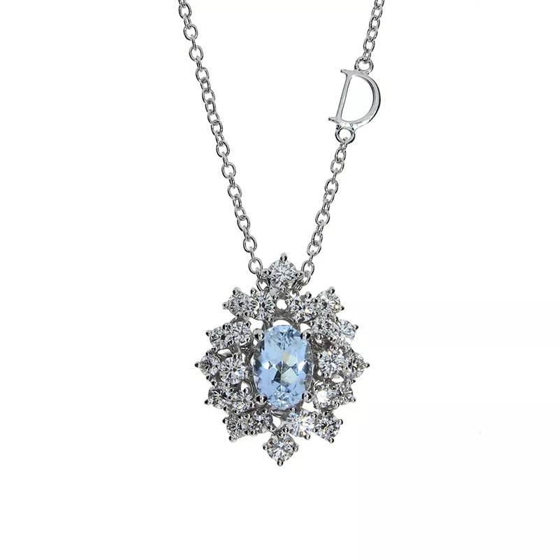 Lant cu pandantiv Damiani Mimosa cu aquamarin si diamant, din aur alb  de 18K