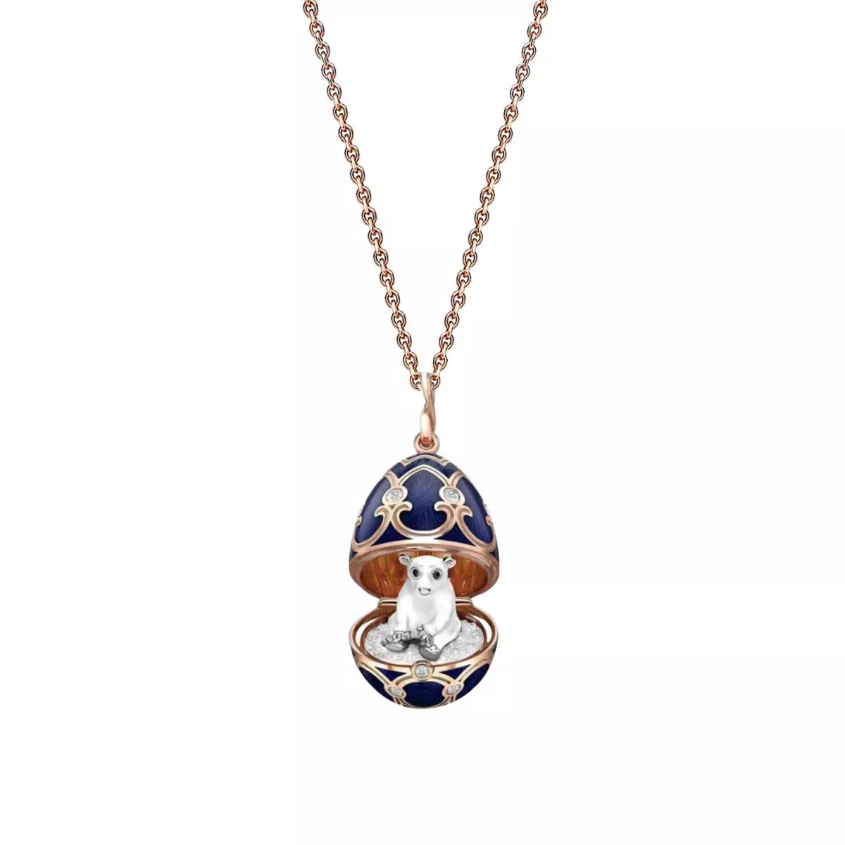 Lant cu pandantiv  Faberg&eacute; cu diamante si agata, din aur roz de 18K
