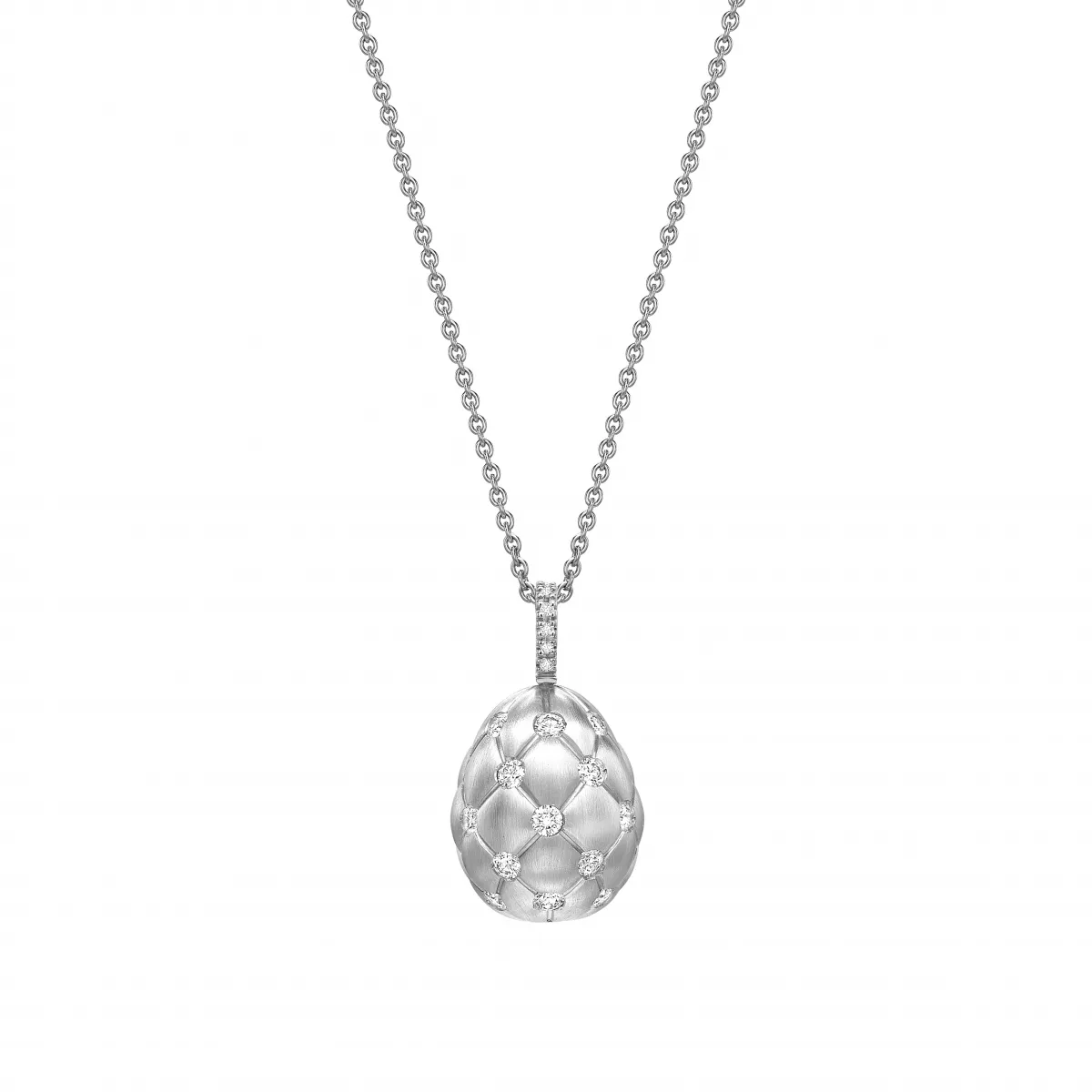 Lant cu pandantiv  Faberg&eacute; cu diamante, din aur alb  de 18K