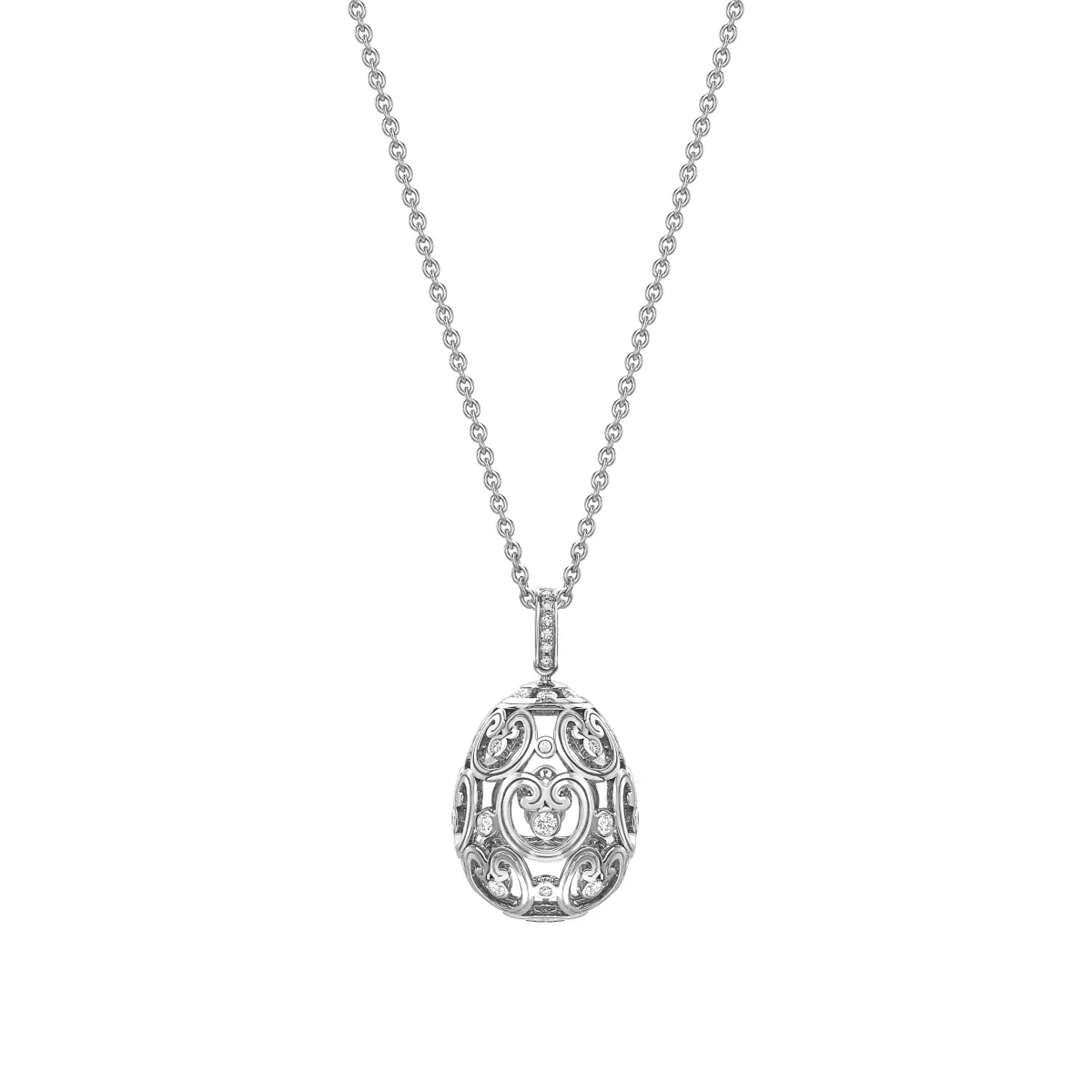 Lant cu pandantiv  Faberg&eacute; cu diamante, din aur alb  de 18K