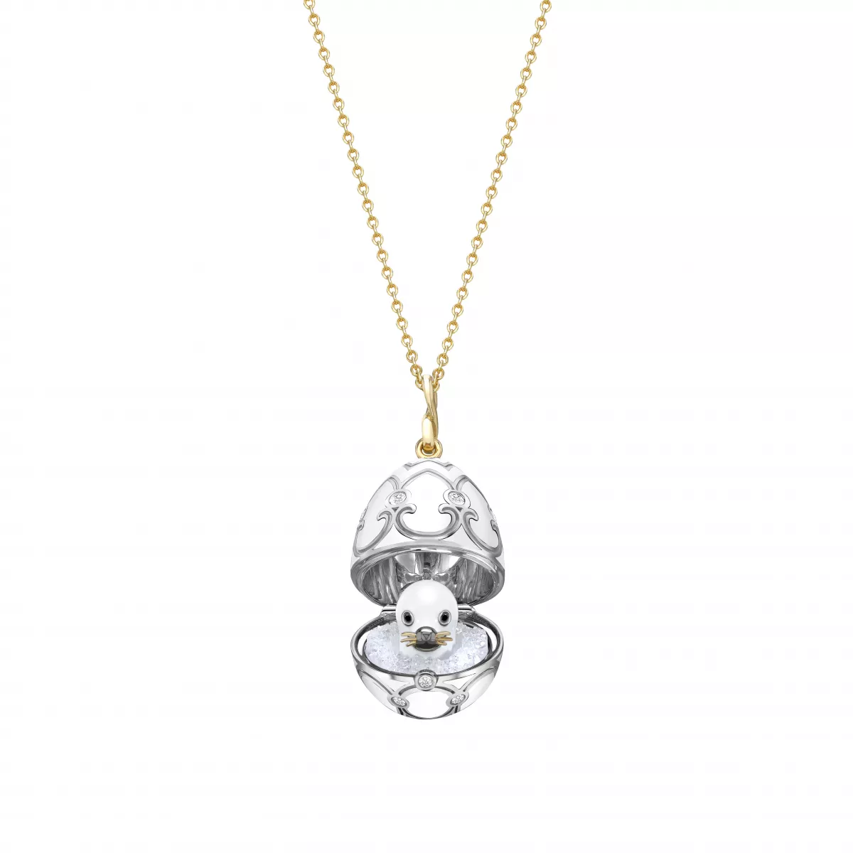 Lant cu pandantiv  Faberg&eacute; cu diamante, din aur alb si galben de 18K