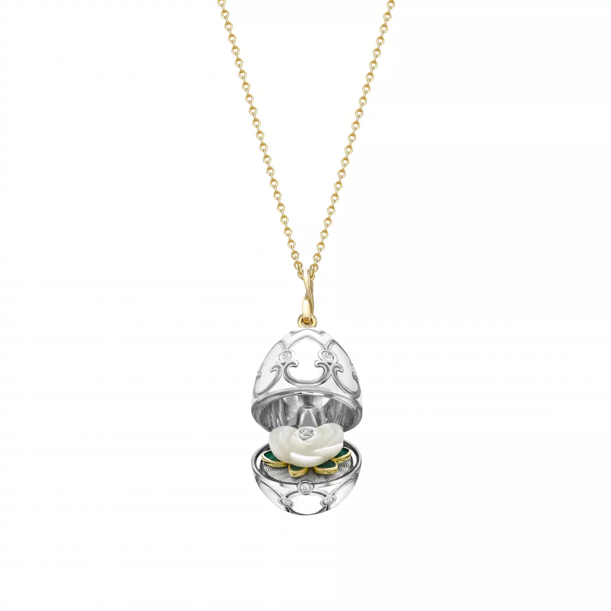 Lant cu pandantiv  Faberg&eacute; cu diamante, din aur alb si galben de 18K