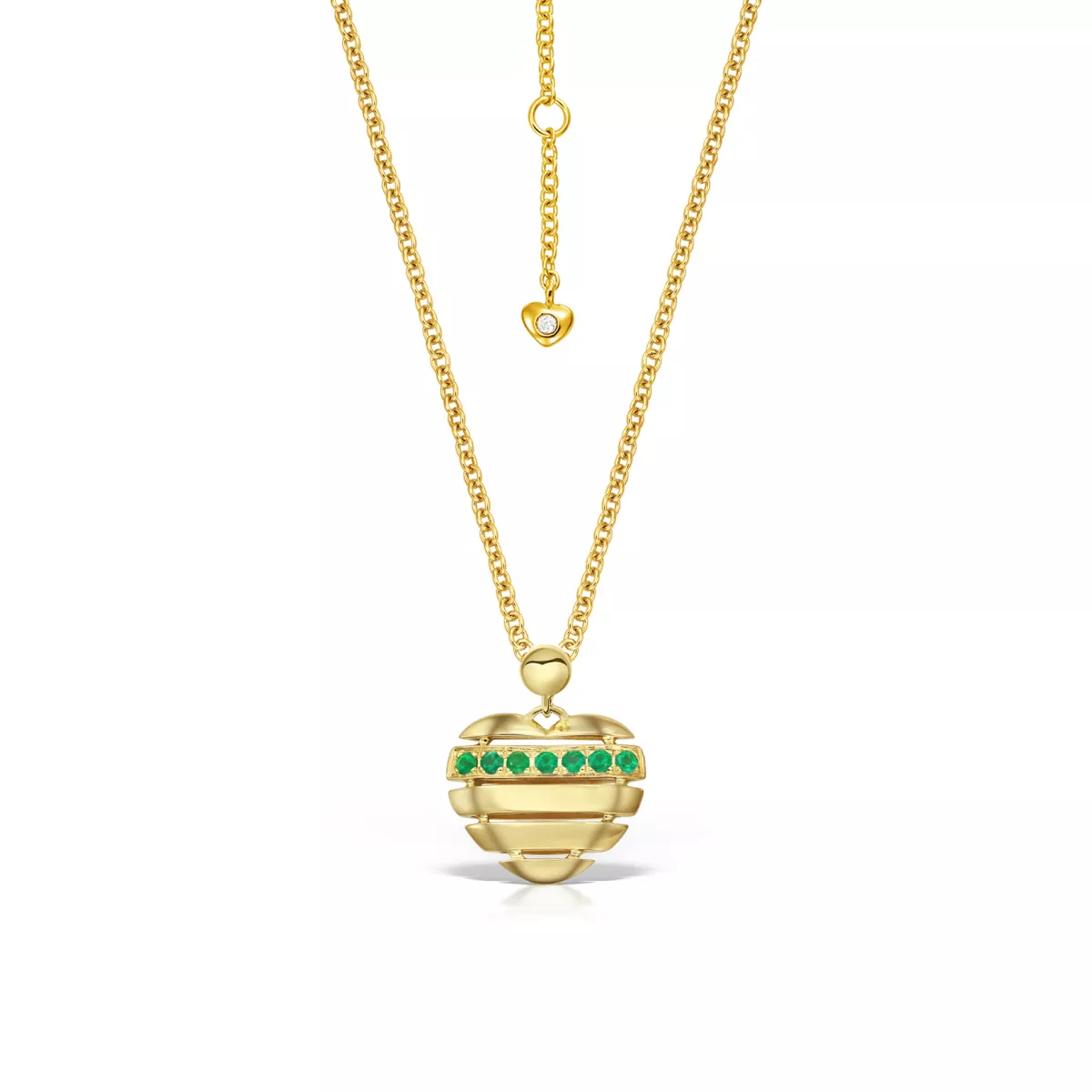 Lant cu pandantiv Inima Life Hearts cu smaralde si diamant, din aur galben de 18K