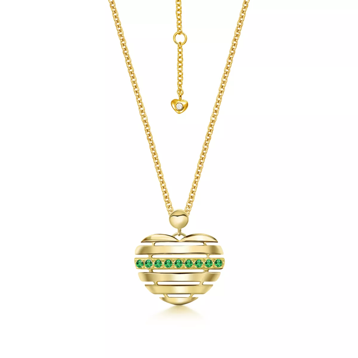 Lant cu pandantiv Inima Life Hearts cu smaralde si diamant, din aur galben de 18K