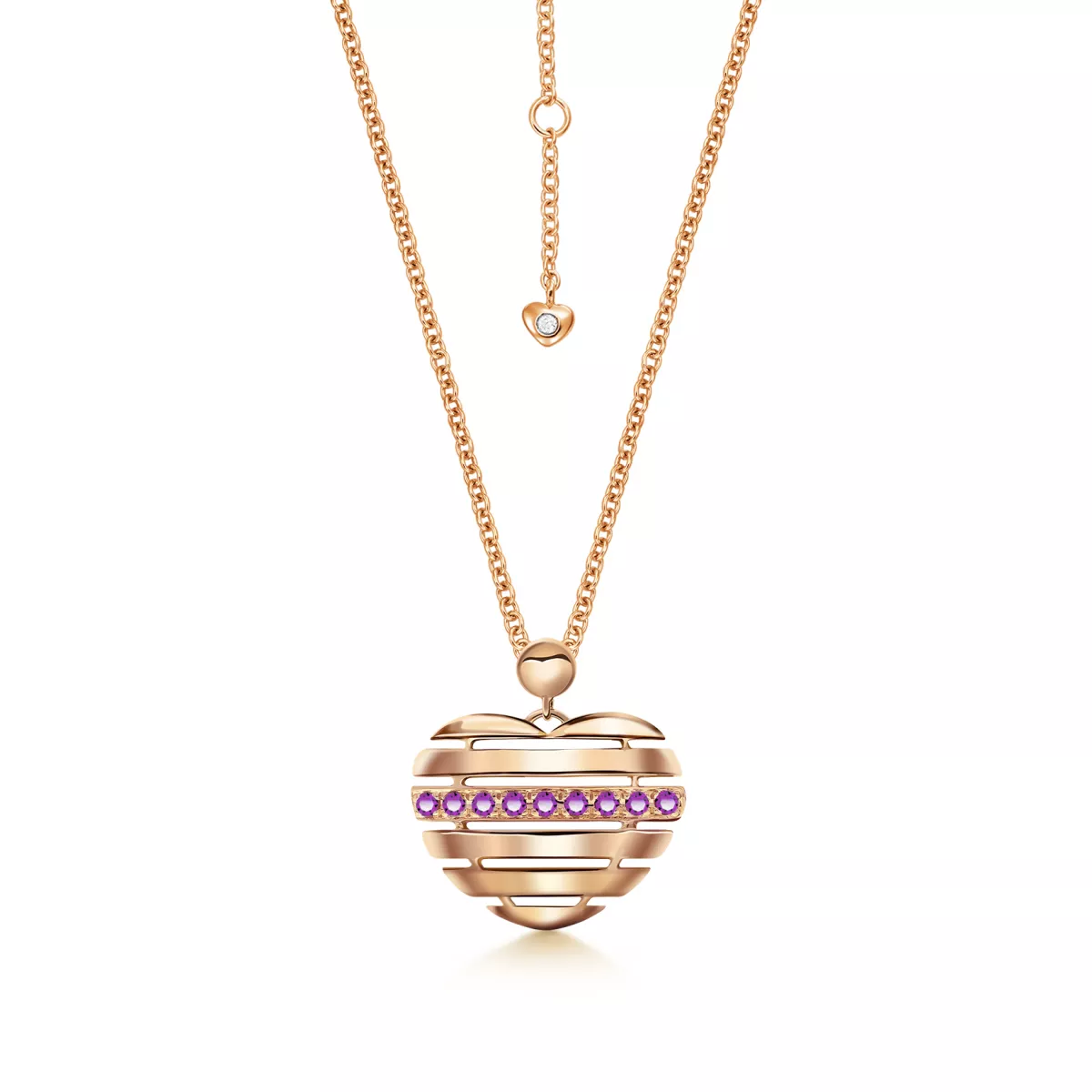 Lant cu pandantiv Inima Magic Hearts cu ametiste si diamant, din aur roz de 18K