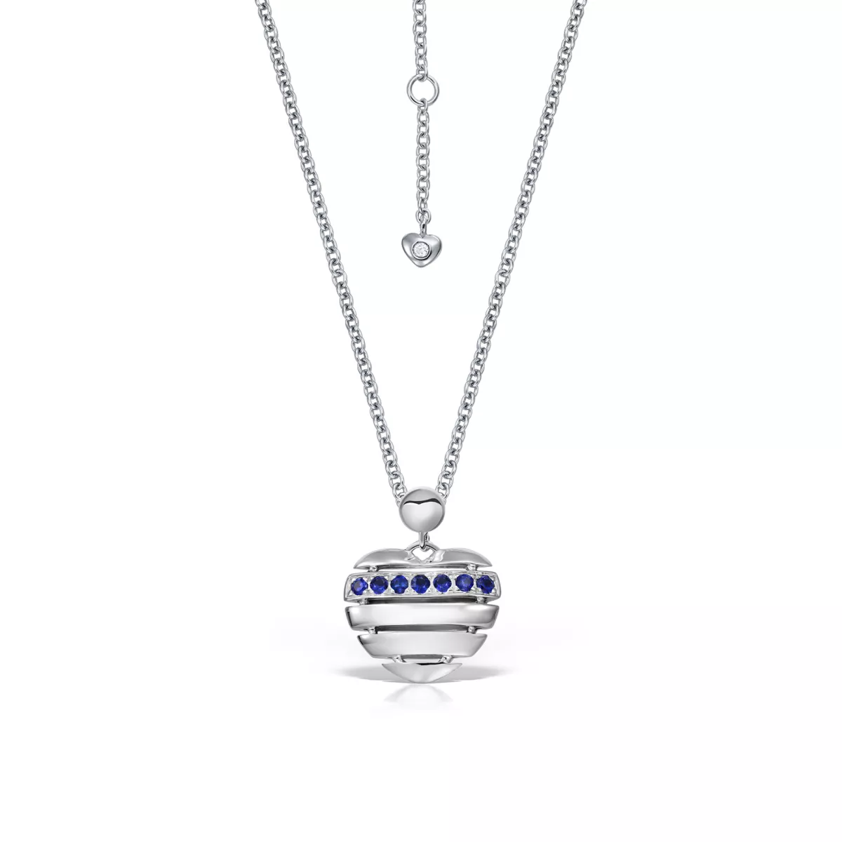 Lant cu pandantiv Inima Power Hearts cu safire si diamant, din aur alb de 18K
