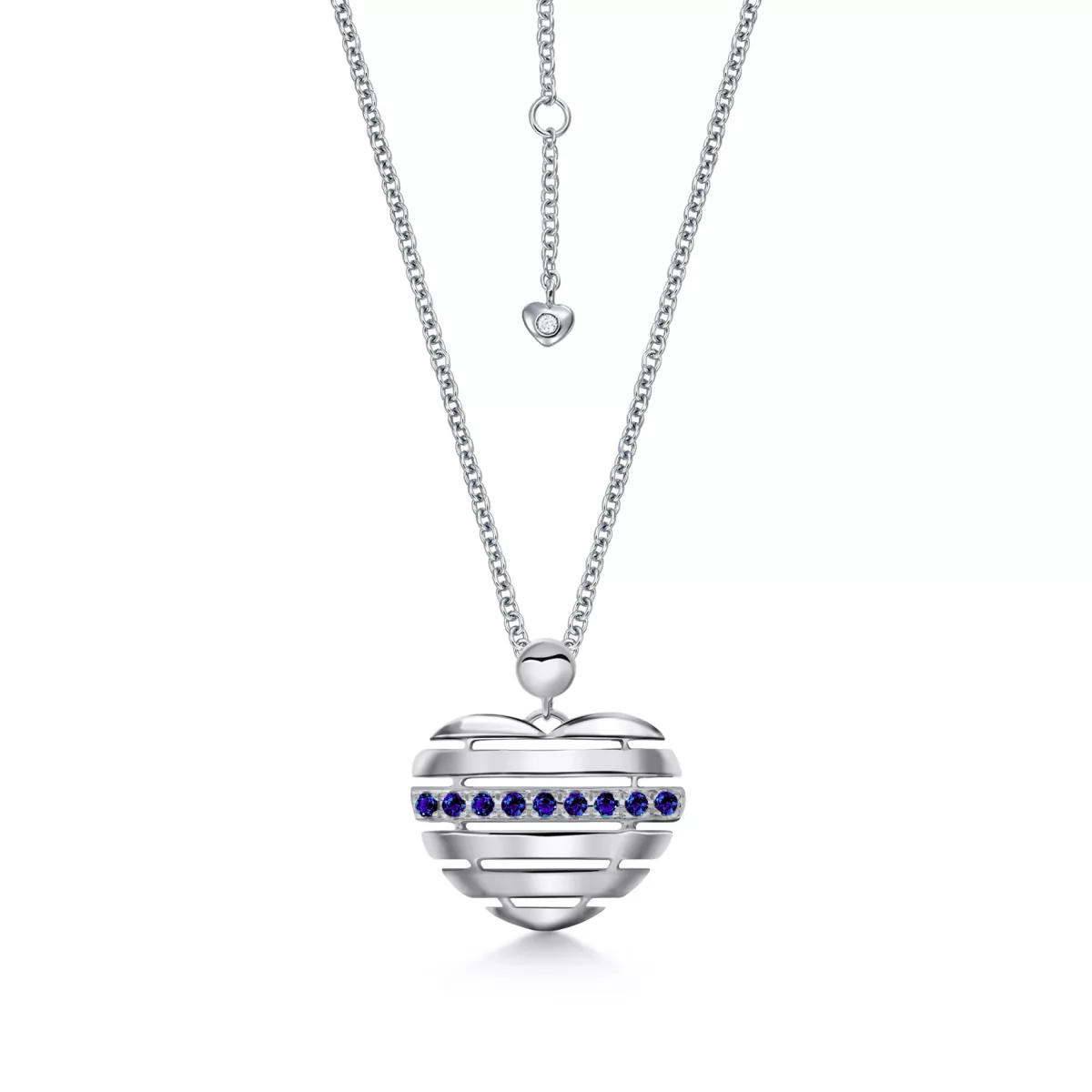 Lant cu pandantiv Inima Power Hearts cu safire si diamant, din aur alb de 18K