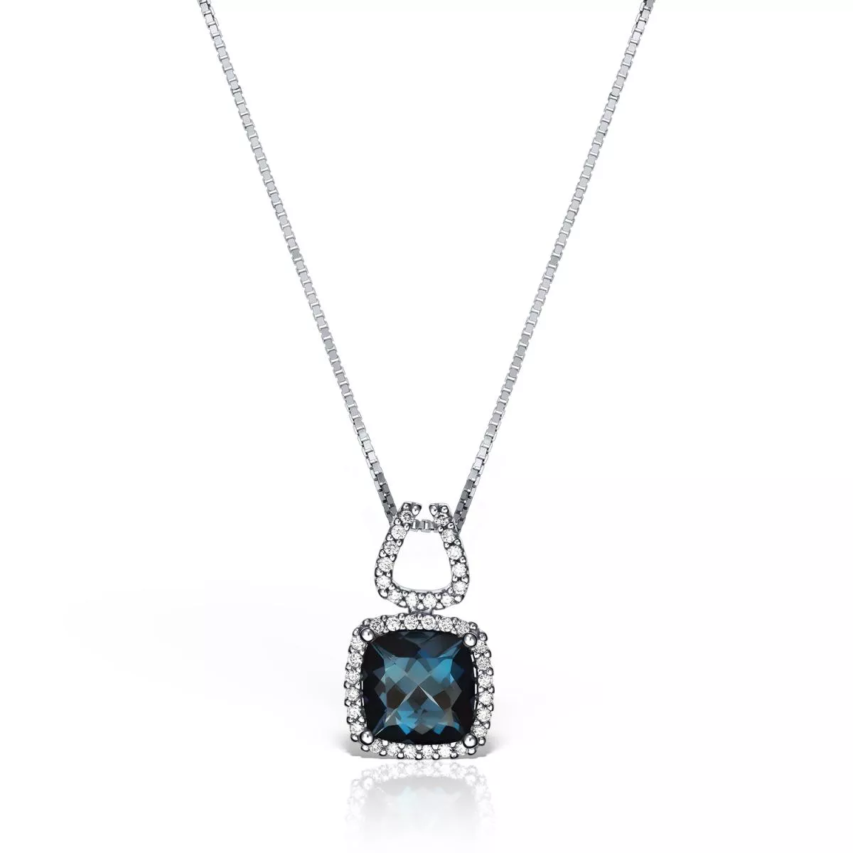 Lant cu pandantiv Maria Granacci cu London topaz si diamante, din aur alb de 18K