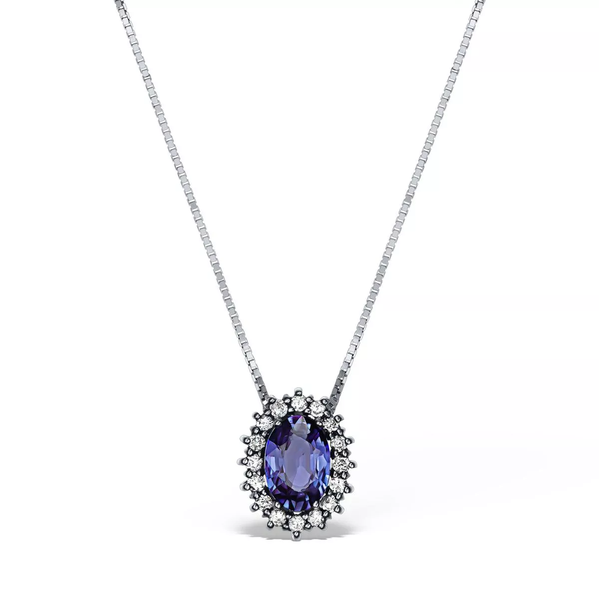 Lant cu pandantiv Coscia cu safir si diamante, din aur alb de 18K