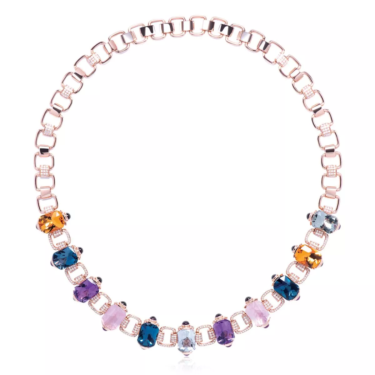 Colier World Henri Maillardet cu London topaz, ametist , quartz, citrin, rodolit si diamant, din aur roz de 18K