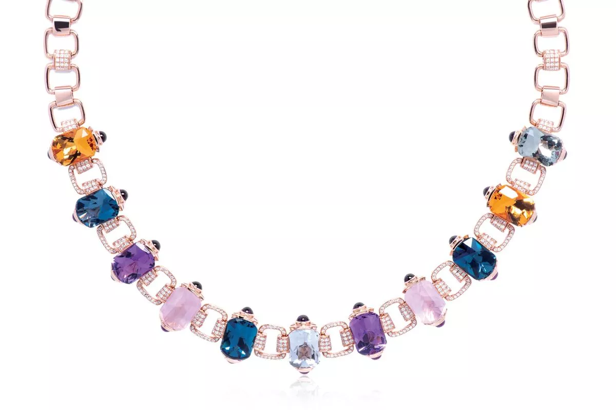 Coliere - Colier World Henri Maillardet cu London topaz, ametist , quartz, citrin, rodolit si diamant, din aur roz de 18K, cellini.ro