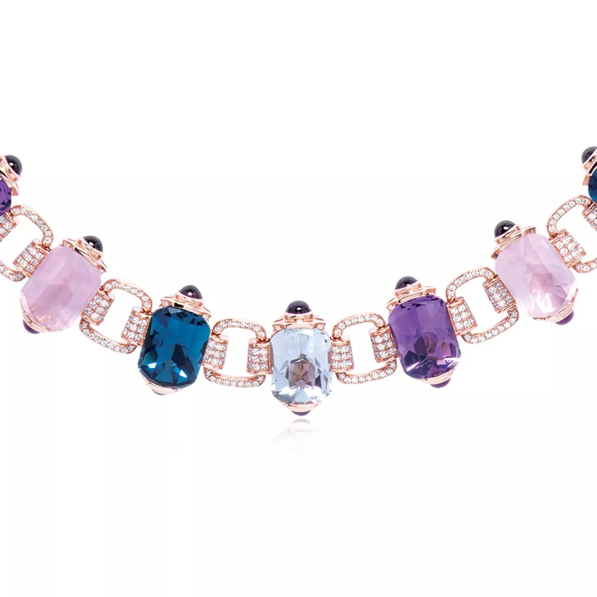 Colier World Henri Maillardet cu London topaz, ametist , quartz, citrin, rodolit si diamant, din aur roz de 18K