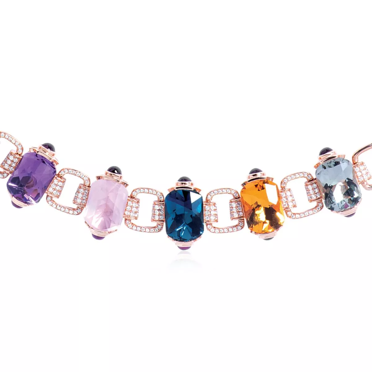 Colier World Henri Maillardet cu London topaz, ametist , quartz, citrin, rodolit si diamant, din aur roz de 18K