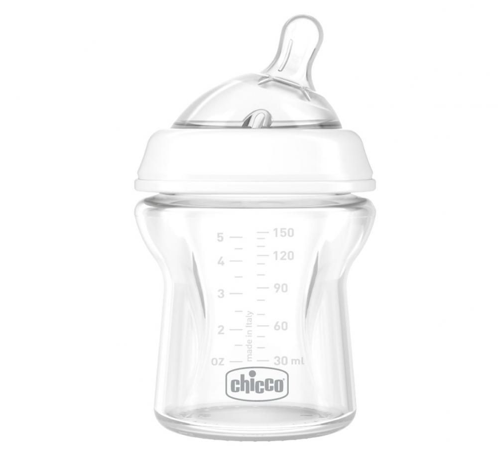 Biberon Chicco Natural Feeling PureGlass, 150ml, tetina s., flux normal, 0luni+, 0%BPA