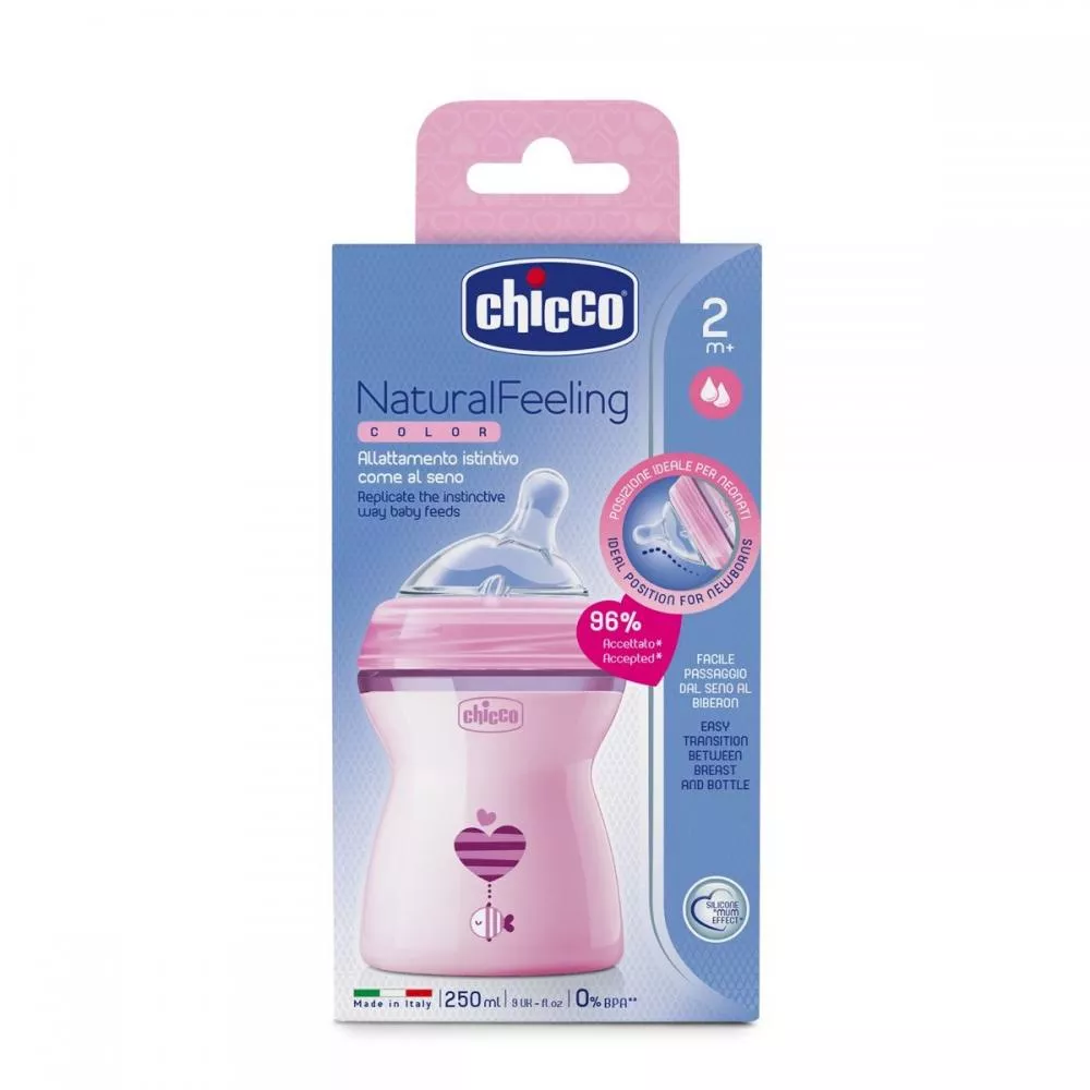 Biberon Chicco Natural Feeling, roz, 250ml, t.s., 2luni+, 0%BPA