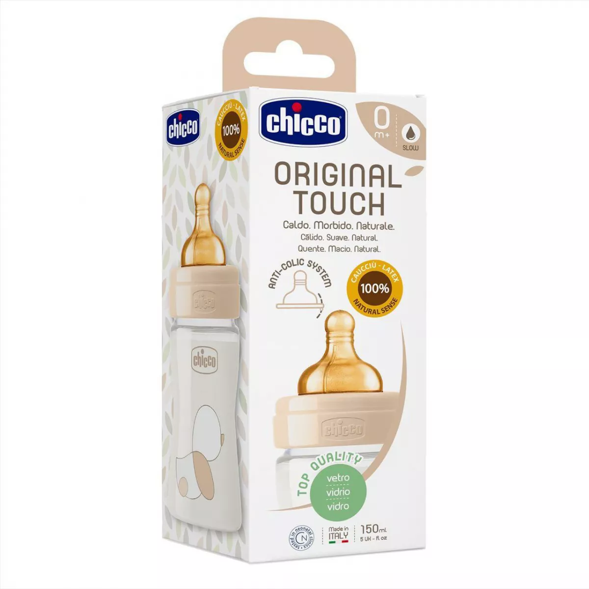 Biberon sticla Chicco Original Touch 150ml, tetina cauciuc, flux lent, unisex, 0luni+ 