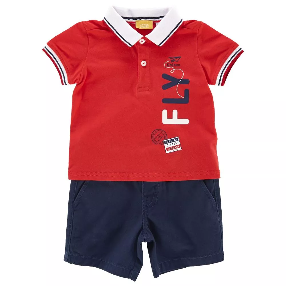 Costum tricou polo + pantalon scurt copii Chicco, baieti, rosu cu albastru, 98