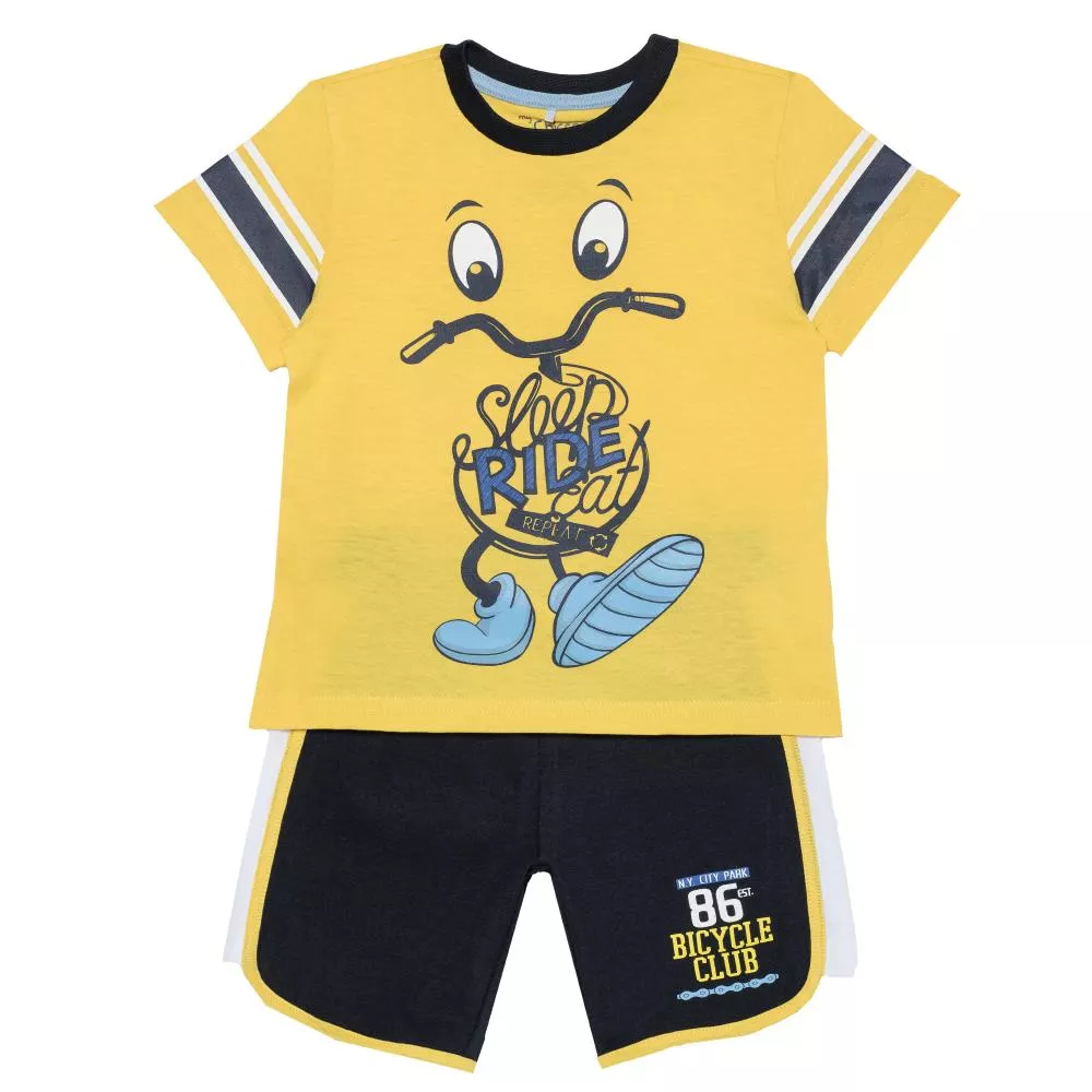Costumas baietei Chicco, tricou si pantaloni, galben cu bleumarin, 128
