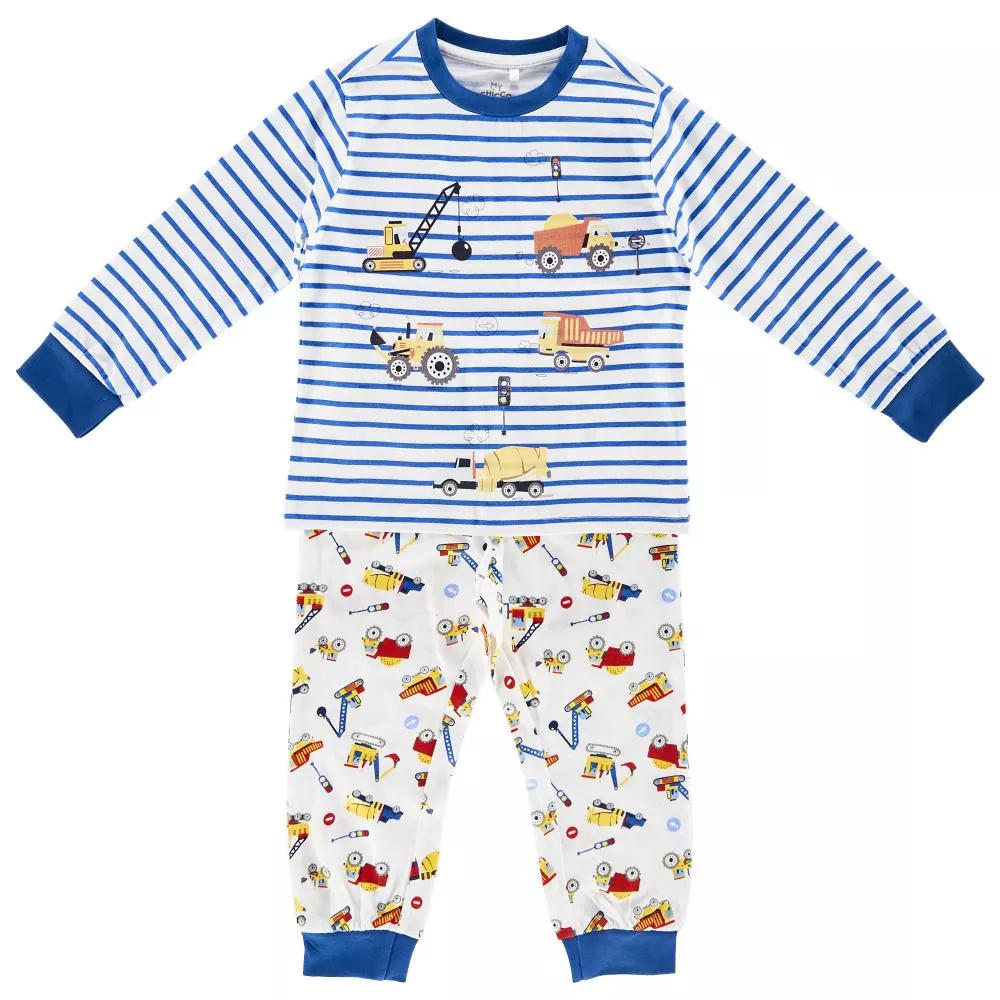 Pijama copii Chicco, maneca lunga, baieti, alb cu albastru, 104