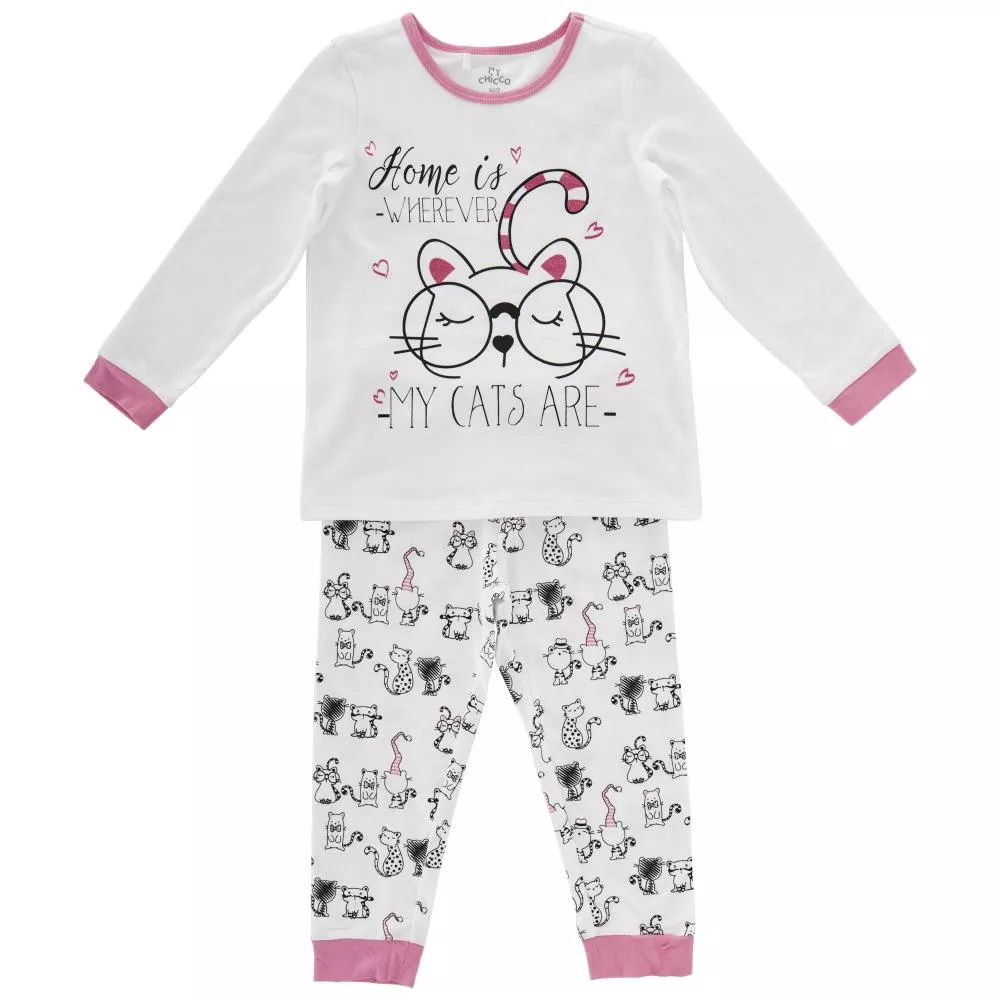 Pijama copii Chicco, maneca lunga, fetite, alb cu roz, 110