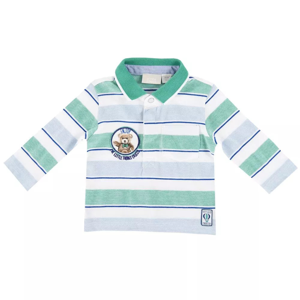 Tricou polo copii Chicco, maneca lunga, bleu cu dungi albe si verzi, 68