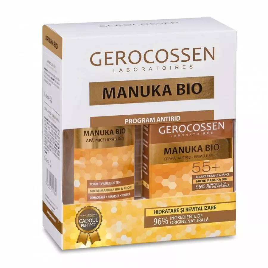 Set cadou crema antirid 55+ cu miere Manuka Bio 50ml + Apa micelara 3 in 1 cu miere Manuka Bio 300ml * 1 bucata, [],clinicafarm.ro