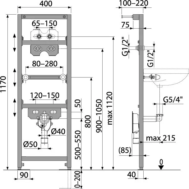 Cadru de montaj pentru lavoar și baterie A104AVS/1200