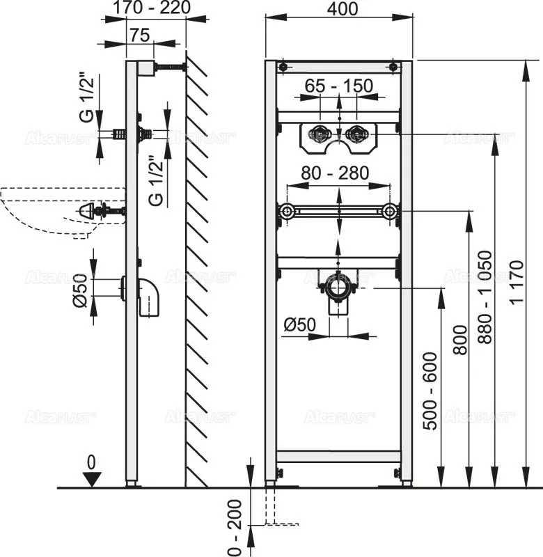 Cadru de montaj pentru lavoar și baterie A104A/1200