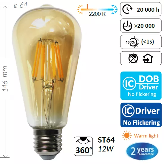 BEC LED COG ST64 12W E27 1300lm 2200K WW 822 360° 170-265V AC, [],electricalequipment.ro