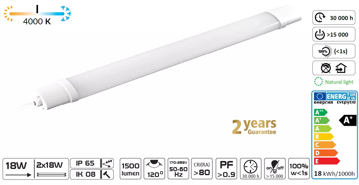 CORP LED 18W 1500lm 4000K NW 840 120° IP65 170~265V AC, 600x53x29mm, [],electricalequipment.ro