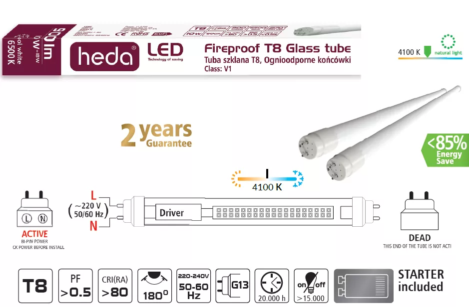 TUB LED STICLA T8 10W 60CM 900lm 4100K NW 841 180° 220~240V AC, [],electricalequipment.ro