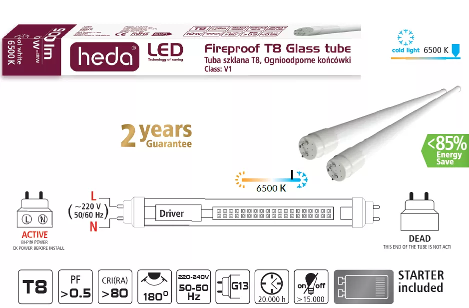 TUB LED STICLA T8 10W 60CM 900lm 6500K CW 865 180° 220~240V AC, [],electricalequipment.ro