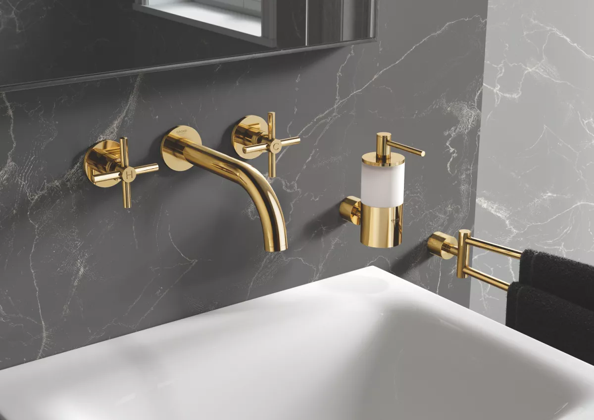 Bara prosop Grohe 40308GL3, Atrio, 489 mm, pe perete, pivotant, metal, lucios, auriu