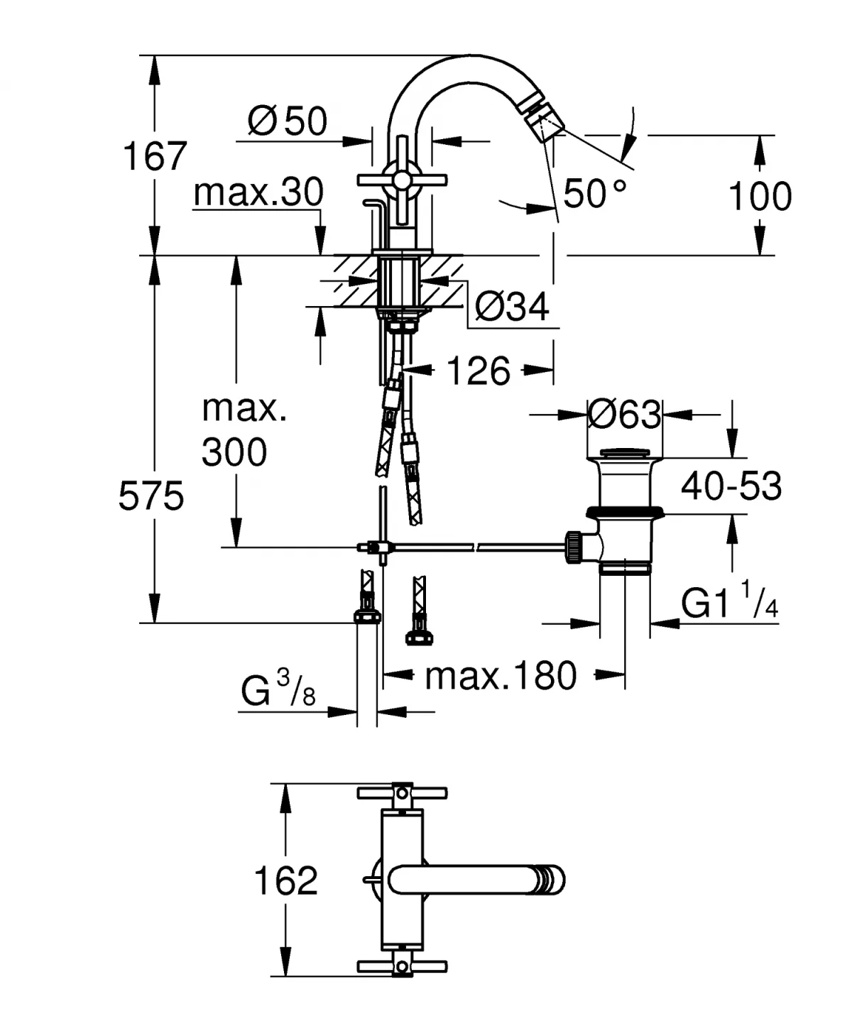 Baterie bideu Atrio Grohe 24027GL3, 3/8'', 167 mm, dubla comanda, ventil cu tija, lucios, auriu