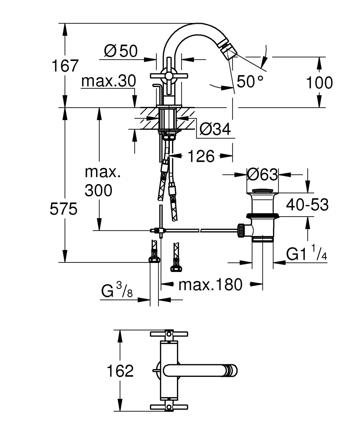 Baterie bideu Grohe 24027al3, Atrio, 3/8'', M, ventil, 167 mm, mat, grafit