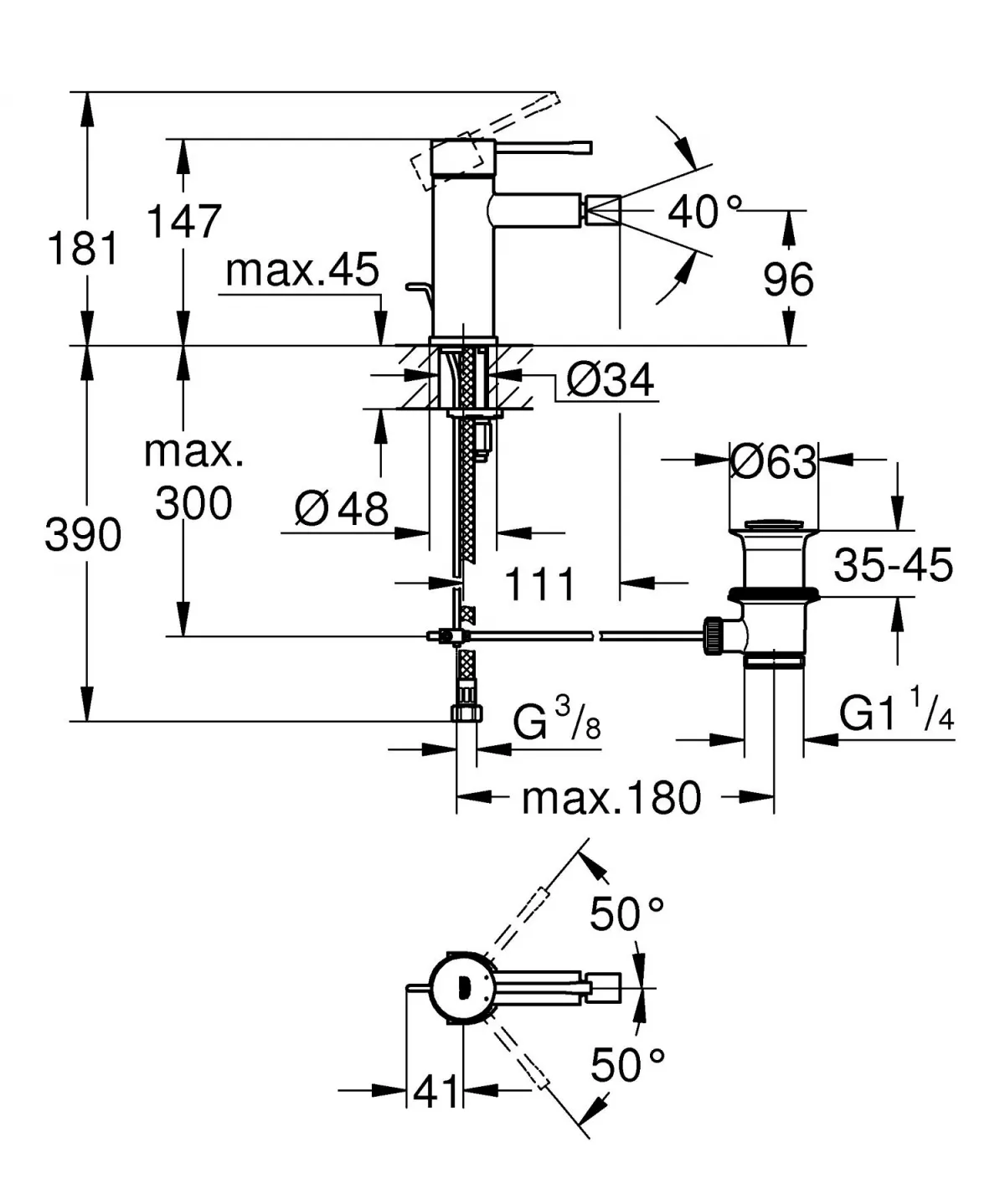 Baterie bideu Grohe 24178DL1, Essence, S, 147 mm, ventil, mat, cupru
