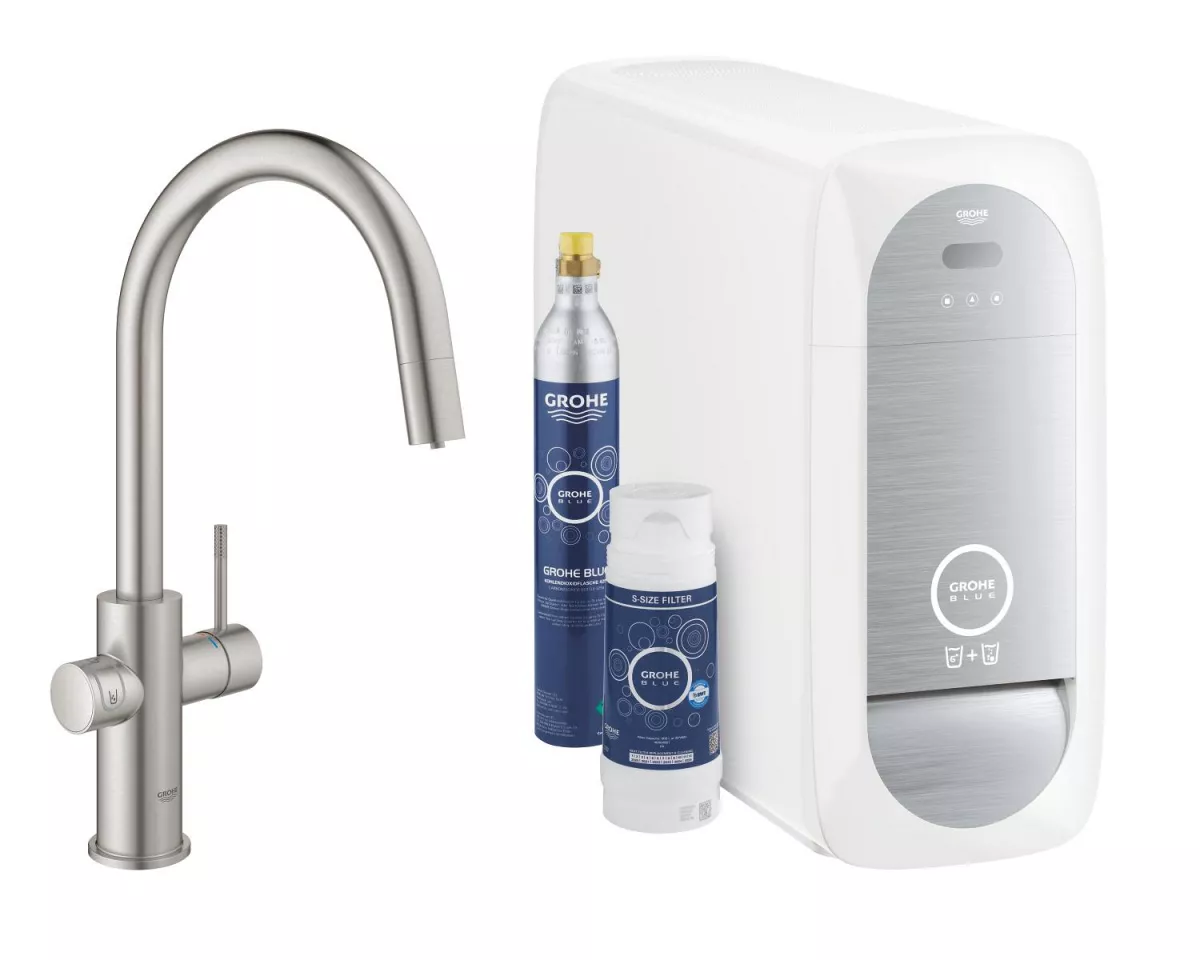 Baterie bucatarie Grohe 31541DC0, Blue Home, inalta, tip C, dus extractabil, filtrare, CO2, racire, mat, otel satinat