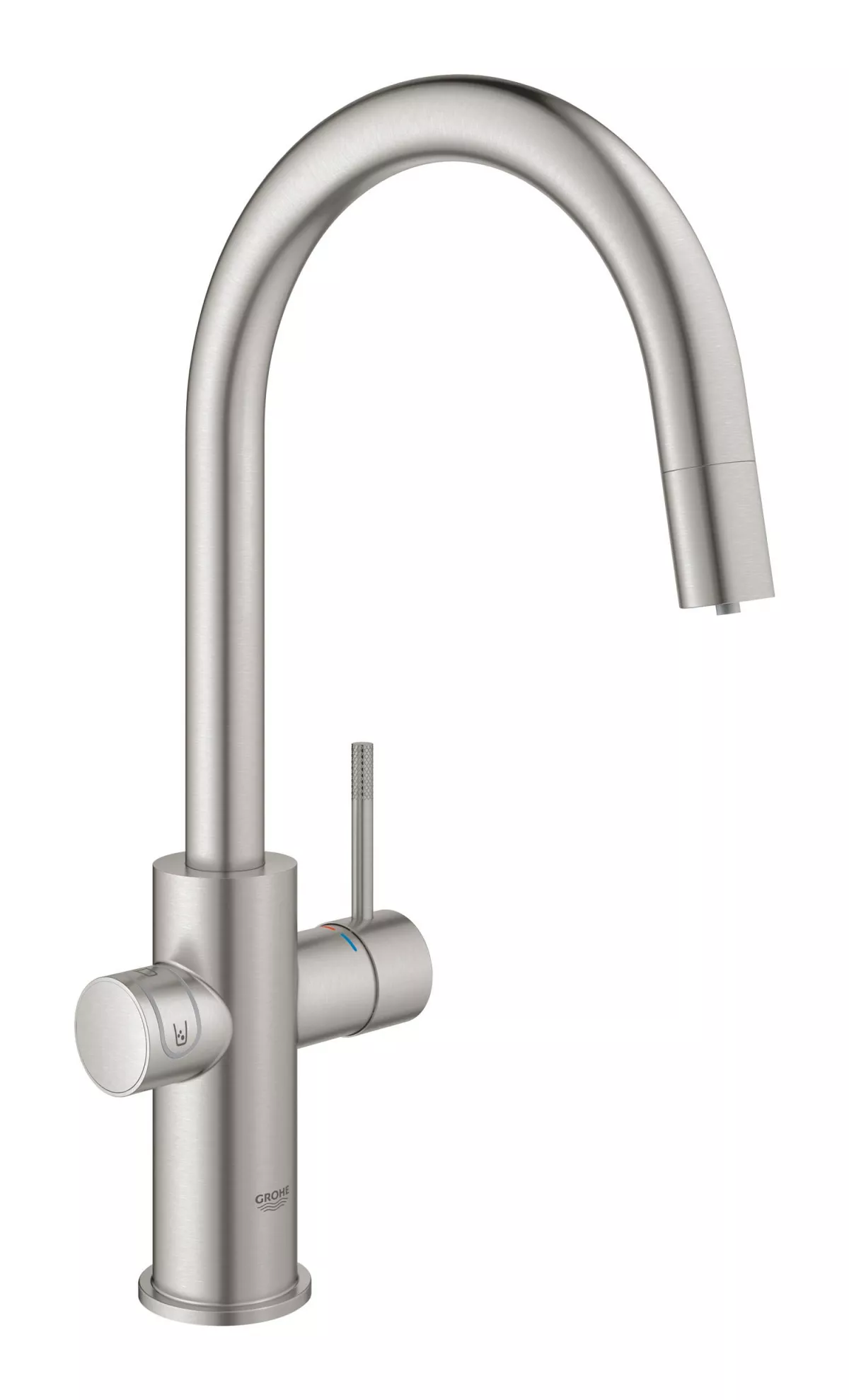Baterie bucatarie Grohe 31541DC0, Blue Home, inalta, tip C, dus extractabil, filtrare, CO2, racire, mat, otel satinat