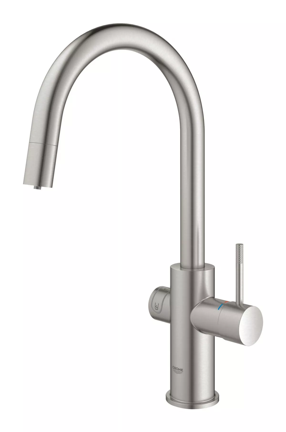 Baterie bucatarie Grohe 31541DC0, Blue Home, inalta, tip C, dus extractabil, filtrare, CO2, racire, mat, otel satinat