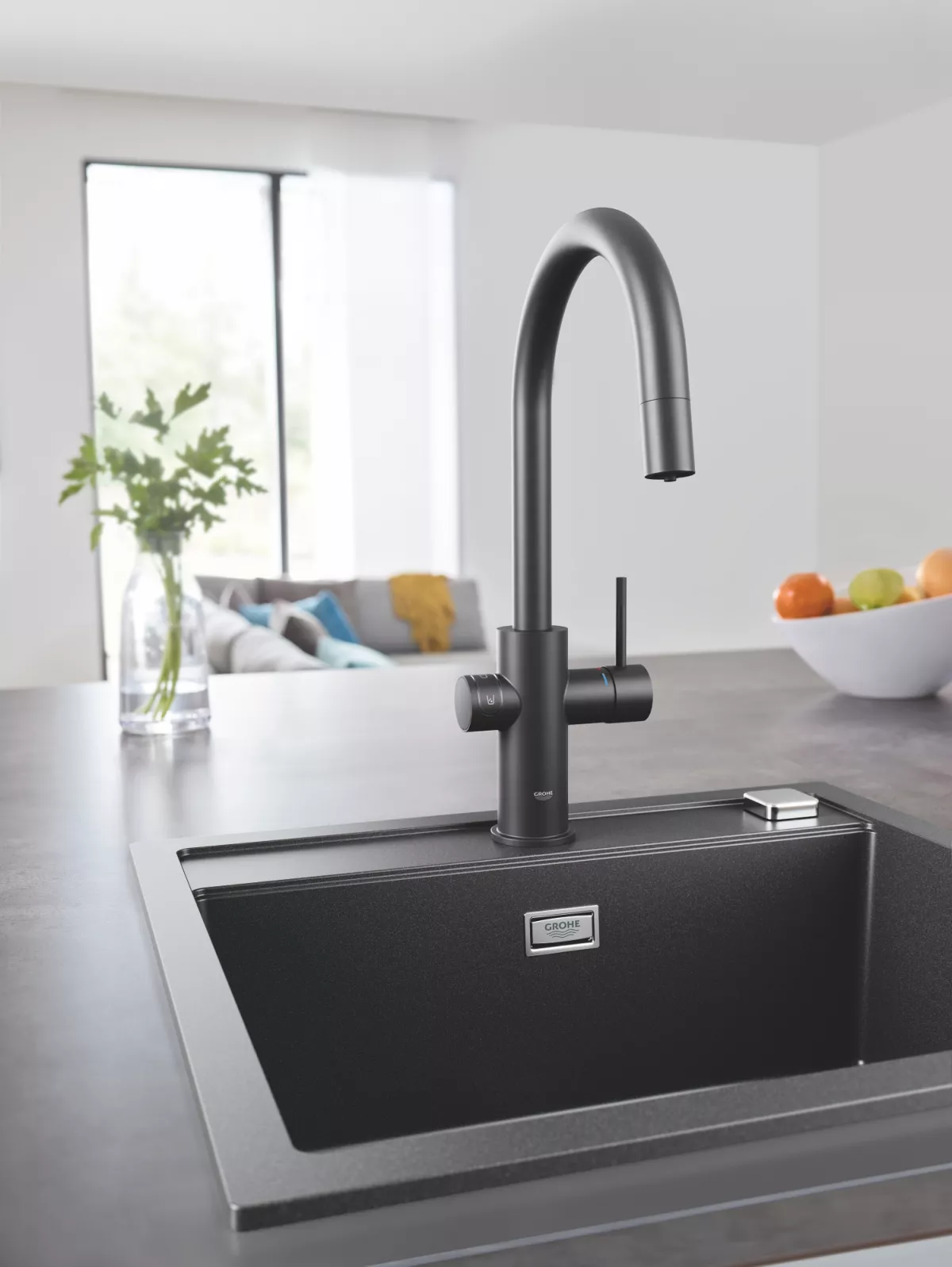 Baterie bucatarie Grohe 101073KS01, Blue Home, inalta, tip C, pentru racitor Blue Home, dus, mat, negru