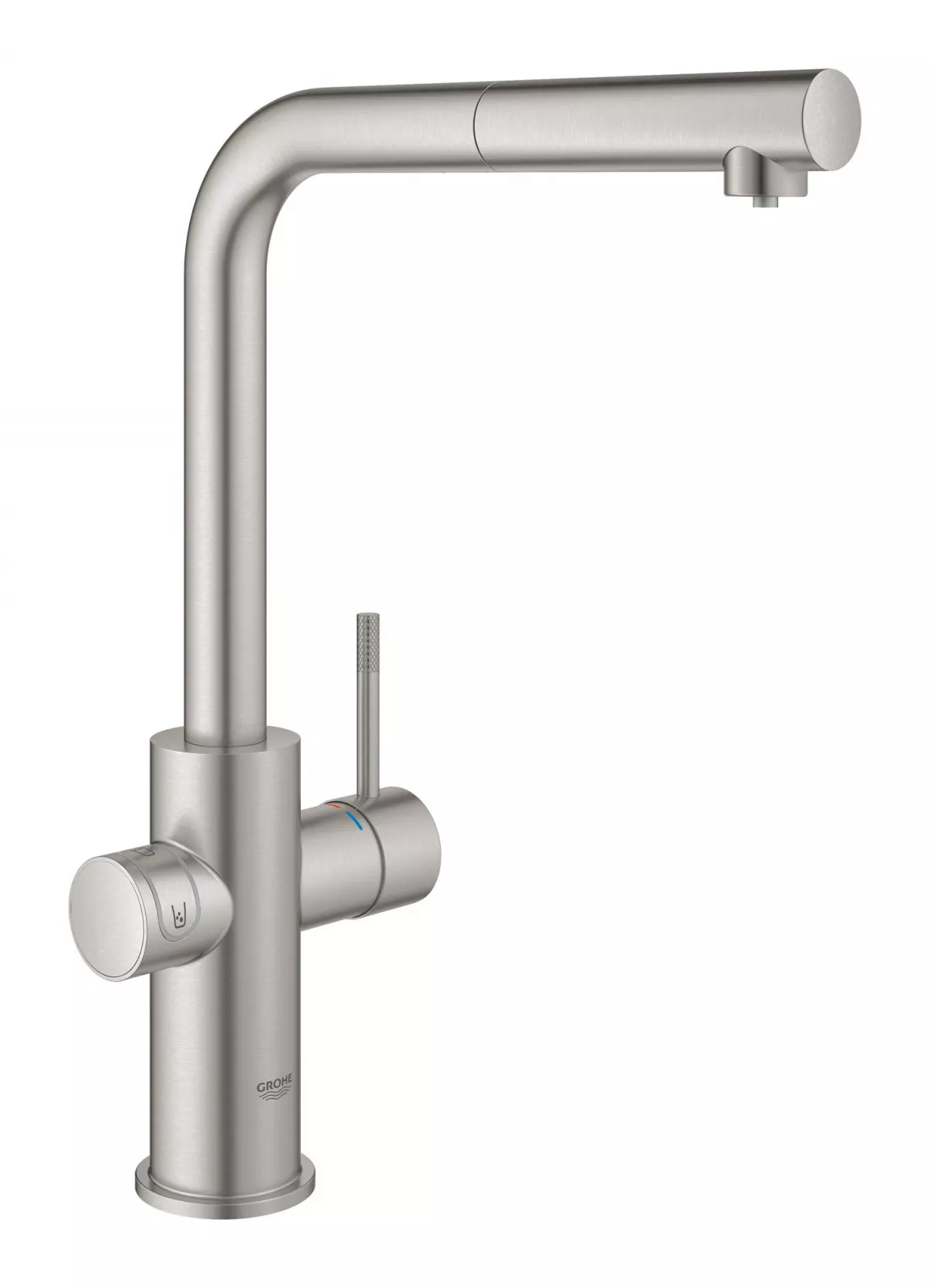 Baterie bucatarie Grohe 101072DC01, Blue Home, inalta, tip L, pentru racitor Blue Home, dus, mat, otel satinat