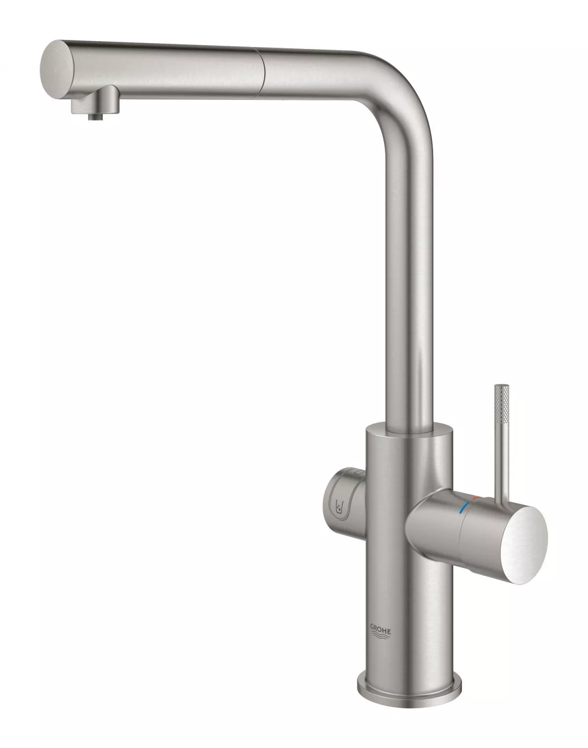 Baterie bucatarie Grohe 101072DC01, Blue Home, inalta, tip L, pentru racitor Blue Home, dus, mat, otel satinat