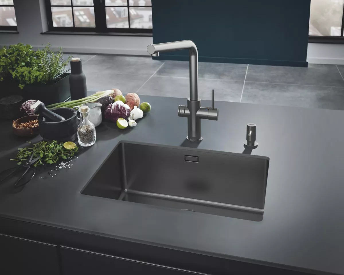 Baterie bucatarie Grohe 101068AL01, Blue Home, inalta, tip L, pentru racitor Blue Home, mat, grafit