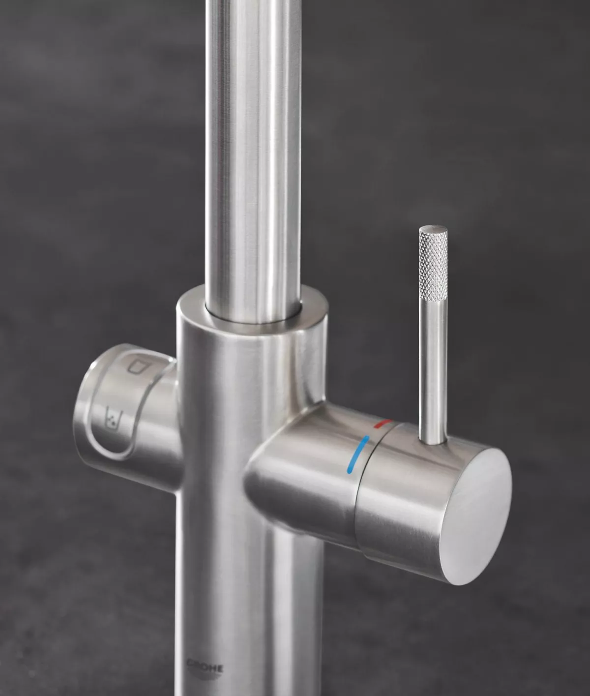 Baterie bucatarie Grohe 101068DC01, Blue Home, inalta, tip L, pentru racitor Blue Home, mat, otel satinat