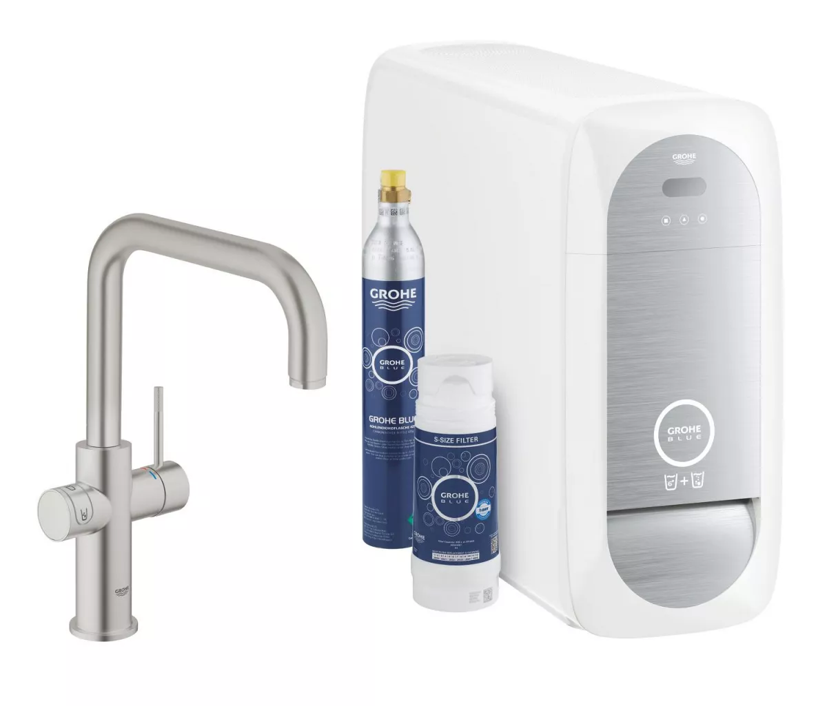 Baterie bucatarie Grohe 31456DC1, Blue Home, inalta, tip U, filtrare, CO2, racire, mat, otel satinat