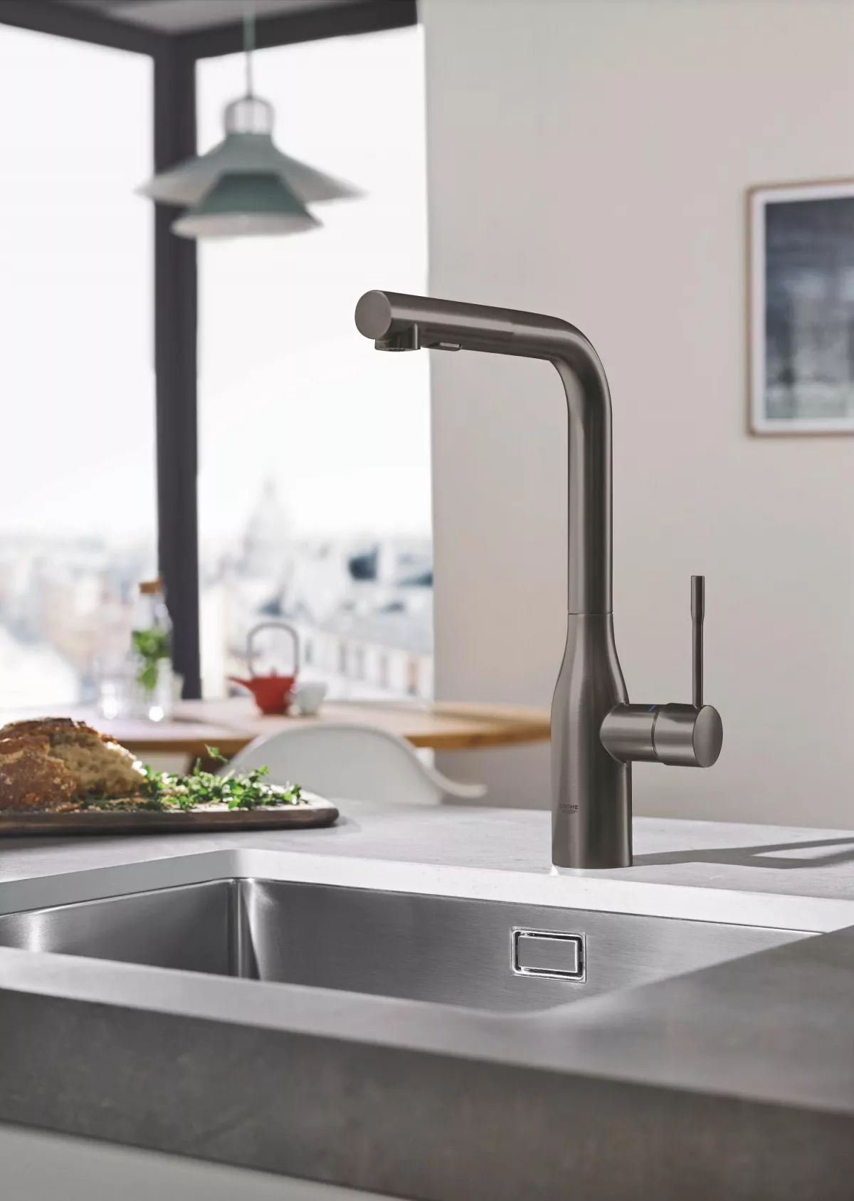 Baterie bucatarie Grohe 30504AL0, Essence, 3/8'', inalta, tip L, dus, 2 functii, mat, grafit