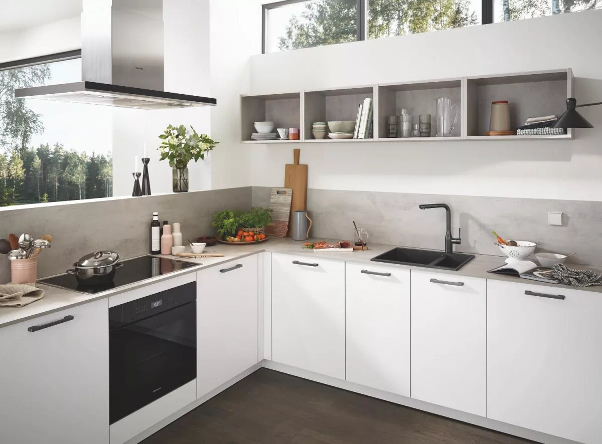 Baterie bucatarie Grohe 30504AL0, Essence, 3/8'', inalta, tip L, dus, 2 functii, mat, grafit
