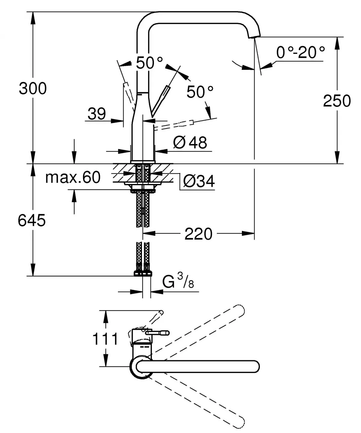 Baterie bucatarie Grohe 30505A00, Essence, 3/8'', inalta, tip L, lucios, grafit