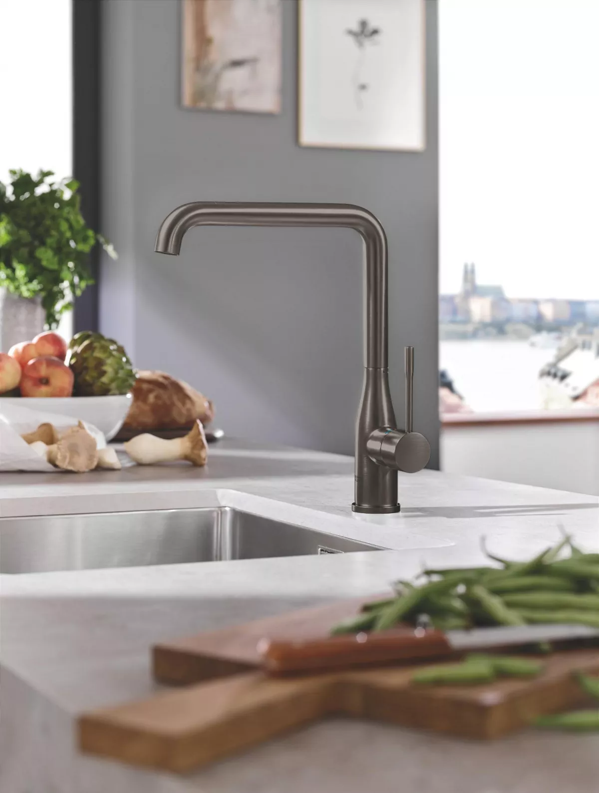 Baterie bucatarie Grohe 30505AL0, Essence, 3/8'', inalta, tip L, mat, grafit